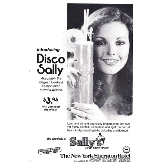 New York Sheraton Hotel Disco Sally Drink Bar 1970s Vintage Print Ad 9 in Tall - Picture 1 of 1